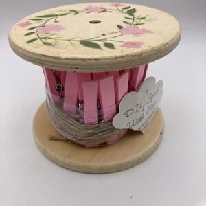 Wooden Spool Of 24 Pink Miniature Clothespins And 10 ft Twine Hand Painted New
